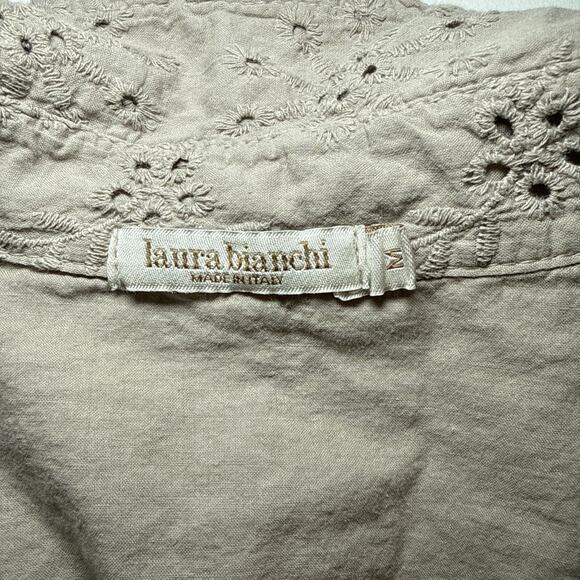 Laura Bianchi Womens M Tan Cotton Eyelet Tiered Button Down Midi Shirt Dress EUC - Picture 2 of 12